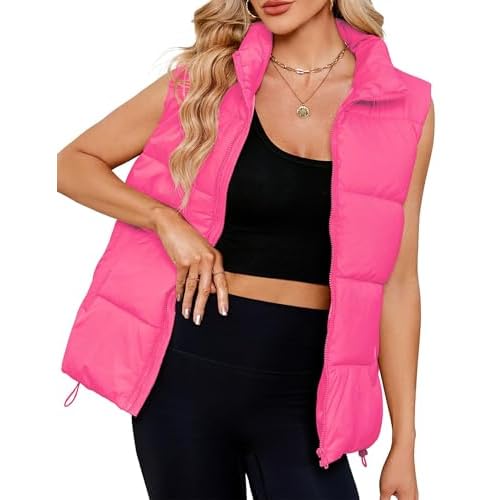 Women Quilted Puffer Vest Sleeveless Jacket Zip Up Stand collar Lightweight Outerwear with Pocket 2025 Trendy Plain Rose Red X-Large