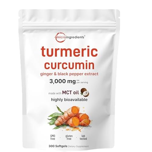 Turmeric Curcumin Supplement with Black Pepper & Ginger 3,000mg, 300 MCT Oil Softgels | 95% Curcuminoids | High Absorption | Healthy Joint Support for