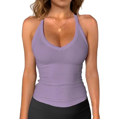 iGENJUN Workout Tops for Women Racerback Basic Tank Summer 2025 Camisole V Neck Slim Fit Ribbed Sleeveless Small Medium Purple