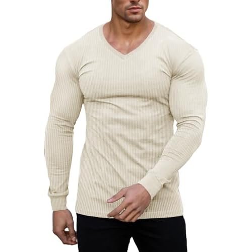 Muscle Cmdr Slim Fit Thermal V Neck Long Sleeve,Muscle Shirt, Casual, Ribbed Pullover Tee Lightweight Sweater Undershirts A-beige Small