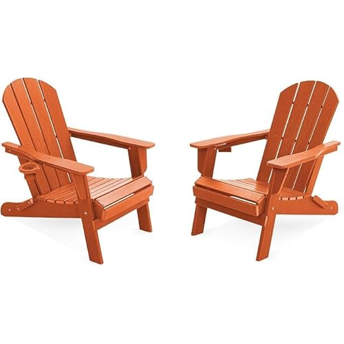 LOUNZY Folding Adirondack Chairs Set of 2, HDPE All-Weather Foldadle Adirondack Chair with Cup Holders, Outdoor Patio Adirondack Chair for Deck Lawn F