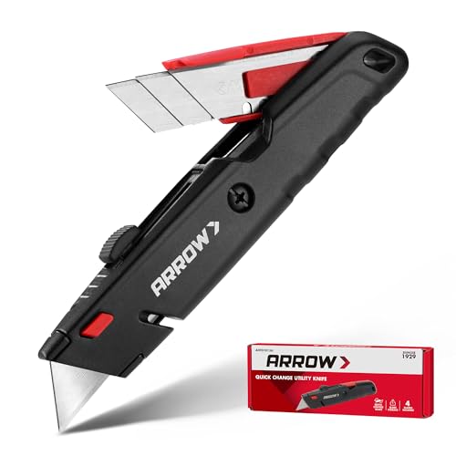 ARROW Retractable Box Cutter, Quick Change Utility Knife with Blade Storage Design, Heavy Duty Aluminum Razor Knife, Twine Cutter, 3 Extra SK2 Blades