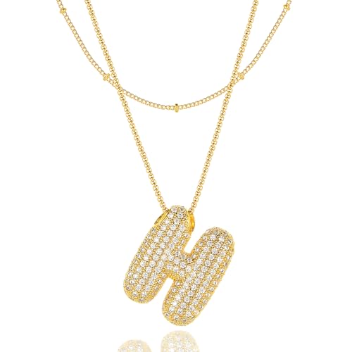 Bubble Letter Necklace Gold for Women，Layered Plated Initial Pendant Puffy Zircon Name Personalized Necklaces Fashion Jewelry for Gifts Letter H