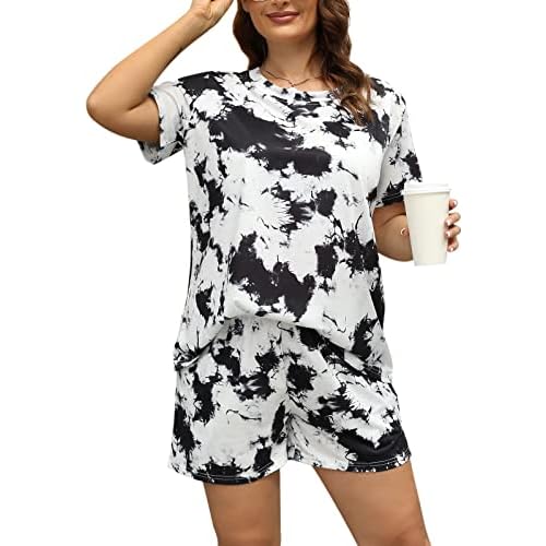 Celkuser Plus Size Pajamas Set for Women 2-Piece Short Sleeve Sleepwear Soft Loungewear PJs with Pockets 1x-5x Black-white X-Large Plus
