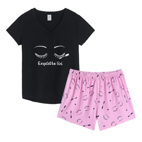 VENTELAN Pajama Set For Women Cute PJS Summer Short Sleeve Shorts Sleepwear X-Small Black-eyelash