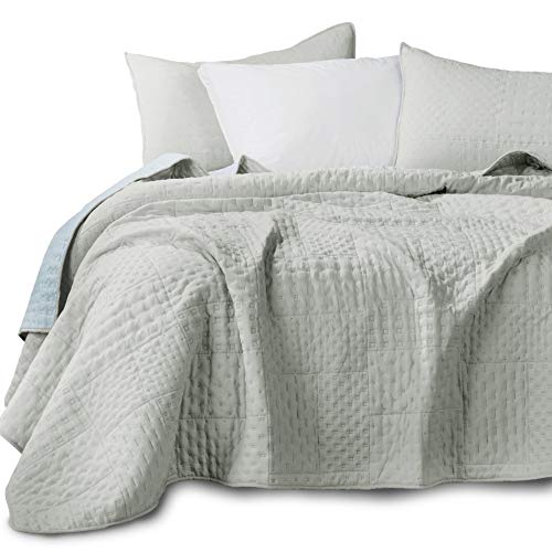 Kasentex Quilted Coverlet 3-pc Mini Bedding Set-All Season Lightweight Ultra Soft Stone Washed Blanket-Heat-Pressed 2-Tone Reversible Color, King + 2