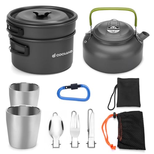 Odoland Camping Cooker Pan Set Aluminum Camping Cookware Kit for 2 People, Portable Outdoor Pot Pan Stove Kettle 2 Cups and Tableware - Backpacking Co