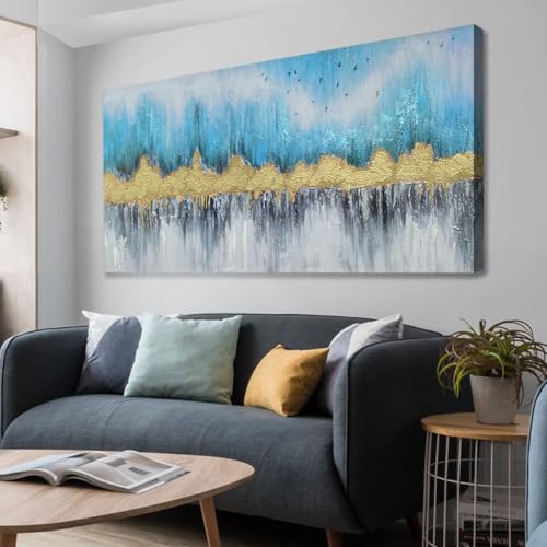 Ardemy Abstract Wall Art Large Canvas Art Wall Decor Living Room Teal and Gold Wall Painting Picture Artwork for Bedroom Home Office, 48"x24" 48"L x 2