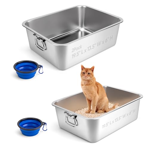 2 Pack Stainless Steel Litter Box with Handle for Cat and Rabbit, 19.5" L x 13.5" W x 6" H, Odor Control Litter Pan, Fold-able Feeding Plate, Non Stic