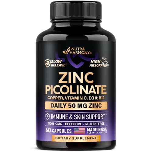 Zinc Picolinate 50mg - Zinc Supplement with Copper, Vitamin D3 & B12 - Stomach Friendly | Slow Release - Immune Support & Skin Health - High Absorptio