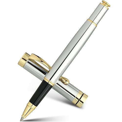BEILUNER Ballpoint Pens, Stunning Bright Silver Chrome Metal Pen with Golden Trim, Fancy Ball Pen Gift Set for Men & Women, Graduation, Executive, Off