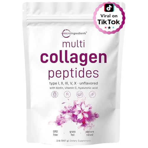 Micro Ingredients Multi Collagen Peptides Powder, 2lb | Type I, II, III, V, X + Biotin, Vitamin C & Hyaluronic Acid | Unflavored | Supports Hair, Skin