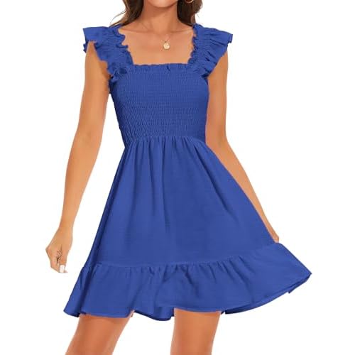 ROYLAMP Women's Smocked Dresses Square Neck Elegant Tiered Boho Ruffle Shoulder Swing Flowy Summer Casual Mini Dress Large Royal Blue