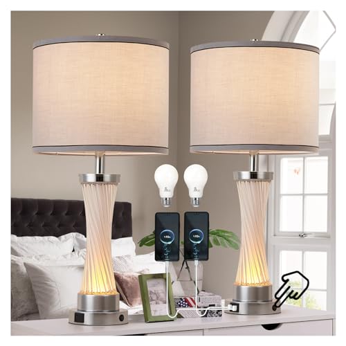 3-Way Dimmable Table Lamp Set of 2,Touch Control Lamp with Night Light,Modern Crystal Table Lamps for Bedroom,Living Room，Bedside Lamps with USB A+C