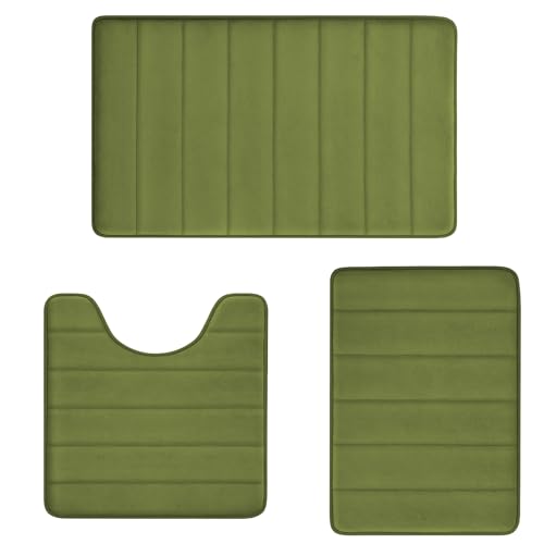 Sage Green Bathroom Rugs Sets 3 Piece Memory Foam Non Slip Bath Mats for Bathroom Floor and U-Shaped Contour Toilet Rug, Soft Washable Bathrom Sets Ma
