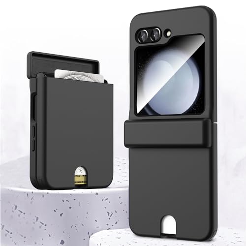 for Samsung Galaxy Z Flip 5 Case with Hinge Protection & Built-in Front Screen Protector,Hidden Card Slot and Slim Texture Shockproof Rugged Case.(Bla