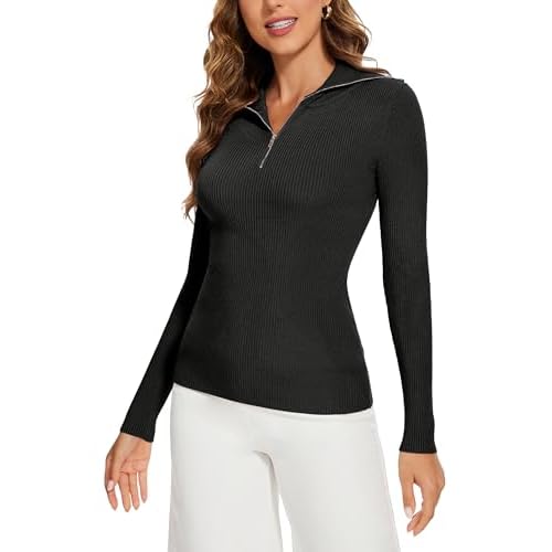 Women's 2024 Fall Quarter Zip Lapel V Neck Long Sleeve Ribbed Knit Casual Slim Pullover Sweater Tops Black Small