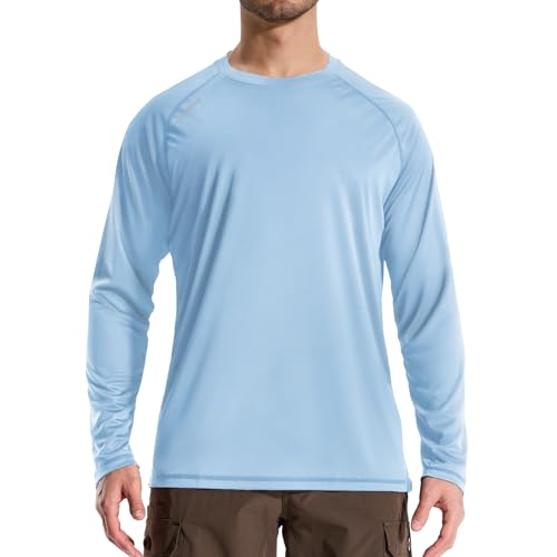 LOOGU Men's UPF 50+ UV Sun Protection SPF Rash Guard Lightweight Long Sleeve Shirts Outdoor for Fishing Hiking Swimming Light Blue Medium