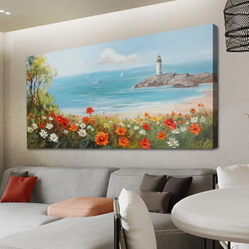 Ardemy Flowers Large Wall Art Ocean Lighthouse Wall Decor Living Room，Seascape Floral Wall Picture Artwork for Bedroom Home Office Canvas Wall Art 5