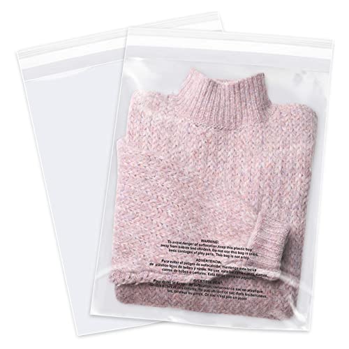 12" x 15" (100 Count) Self Seal Clear Poly Bags with Suffocation Warning for Packaging, Shipping, Clothing, Shirts & FBA - Resealable Adhesive 12" x 1