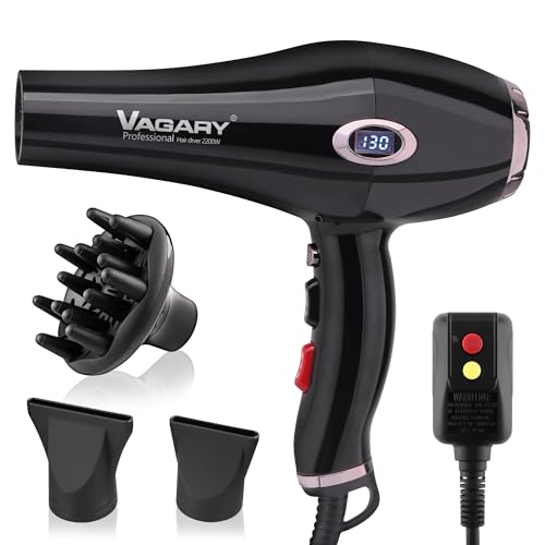 VAGARY Professional Salon 2200W Blower Dryer with Diffuser Concentrator Nozzles,Negative Ionic Blow Dryer,Low Noise Hair Dryers,2 Speeds and 2 Heat Se
