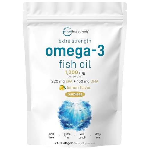 Micro Ingredients Extra Strength Omega 3 Fish Oil Supplements 1,200mg Per Serving, 240 Softgels | Lemon Flavored | Burpless | Essential Fatty Acids |