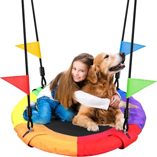 Odoland Saucer Kid Tree Swing - 900D Waterproof Oxford Platform Outdoor Round Flying Saucer Swing for Backyard wirh Adjustable Hanging Ropes for 12 Ye