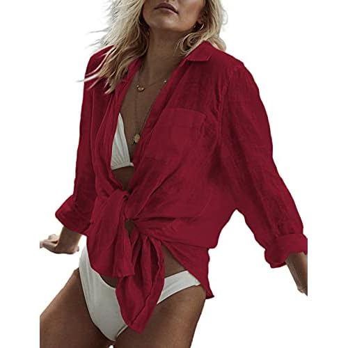 Bsubseach Women Long Sleeve Beach Shirt Blouses Bathing Suit Cover Up Button Down Collar G-red