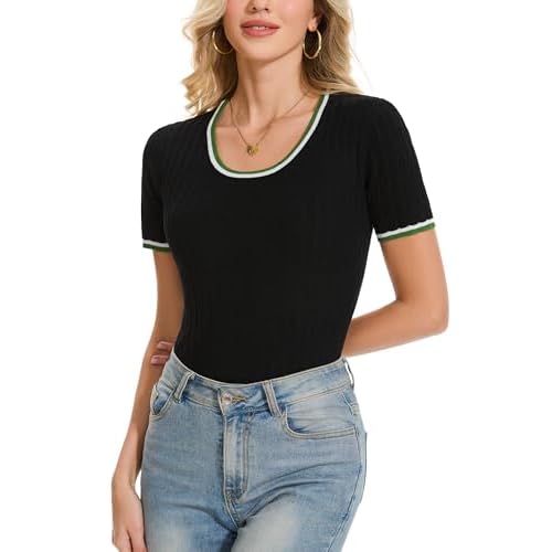 Women's Short Sleeve Scoop Neck Tshirts Color Block Slim Fit Ribbed Knit Summer Basic Casual Tee Tops Black X-Large