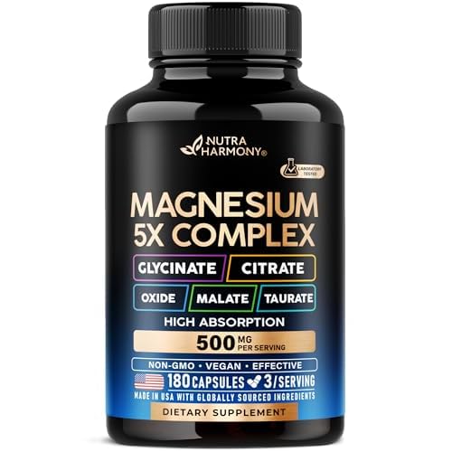 Magnesium Supplement - 5 in 1 Complex | Glycinate | Citrate | Malate | Taurate | Oxide - Made in USA - Stress, Muscle & Heart Support - Vegan, Natural