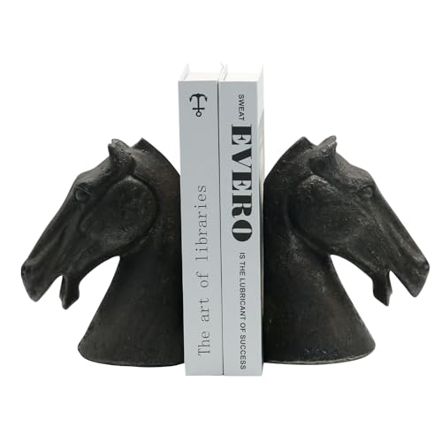 Lukitas Horse Head Decorative Bookends - Heavy Duty Non-Slip Book Holders, Modern Equestrian Ornaments for Office Home Bookshelf Decor, Black, Resin 7