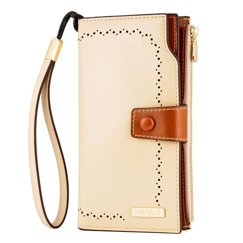 ANDOILT Women's RFID Blocking Large Capacity Luxury Wax Genuine Leather Clutch Wallet Card Holder Organizer Ladies Purse Creamy White & Hole Pattern