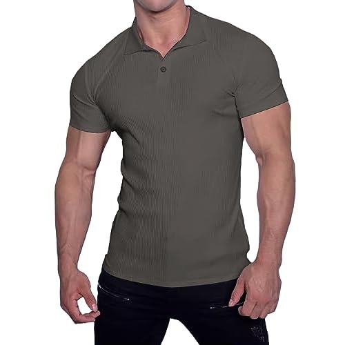 Muscle Cmdr Men's Slim Fit Muscle Polo Shirts Long&Short Sleeve Stretch Quick Dry Tee Casual Golf Athletic T-Shirts Small A-Grey-short