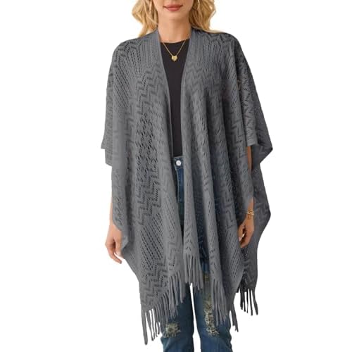 Ferand Women's Fringe Crochet Shawl Wraps Lightweight Open Front Poncho Cardigan for Spring Summer Grey