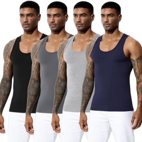 Arjen Kroos Men's Workout Tank Top 4 Pack Muscle Sleeveless Gym Shirts Activewear Slimming Vest Undershirts Black-Blue-Light Grey-Grey XX-Large