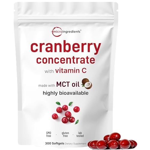 Micro Ingredients Cranberry Supplement for Women | 300 Softgels with Vitamin C & MCT Oil | Highly Bioavailable 40,000mg Equivalent Extract | Cranberry