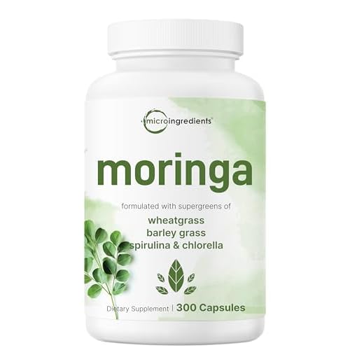 Moringa Oleifera 6,000mg Equivalent | 300 Capsules with Supergreens Blend of Wheatgrass, Barley Grass, Spirulina, & Chlorella | Antioxidant Supplement