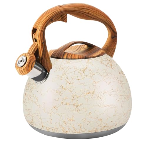 3.2 Quart Whistling Tea Kettle Stovetop, Stainless Steel Tea pot with Wood Grain Handle, Loud Whistle Kettle for Boiling Water, Coffee & Milk, Easy-Po
