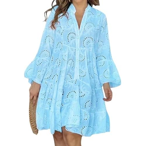 Women Summer Eyelet Lace Midi Dress V Neck Bell Sleeve Flowy Babydoll Casual Beach Dress Blue Large