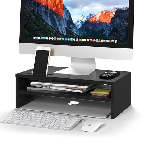 BONTEC Wooden Monitor Stand Riser, 2-Tier Desk Shelf with Storage Organizer, Ergonomic Computer Stand with Cable Management, Cellphone Holder, Black,