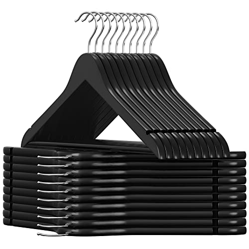 SONGMICS Wooden Hangers, 20-Pack Wood Coat Hangers with Shoulder Notches, Swivel Hook, Non-Slip for Jackets, Shirts, Suits, Black and Silver UCRW02B-2