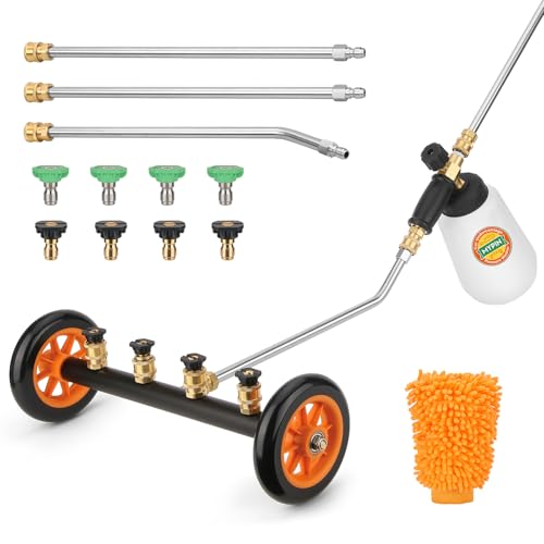 2-in-1 Undercarriage Pressure Washer Water Broom with Replaceable Nozzle, 16 Inch Car Pressure Washer with Foam Washer-Mitten, Surface Cleaner 1200-40