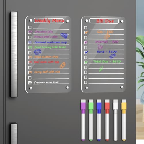 2 Pcs Acrylic Magnetic Dry Erase Board for Fridge, 12"X6" Clear Magnetic to Do List White Board, Acrylic Dry Erase to Do List for Refrigerator, Magnet