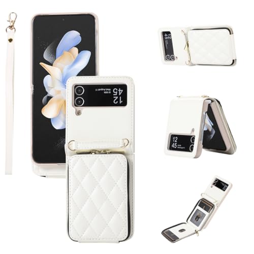 for Samsung Galaxy Z Flip 3 Zipper Wallet Case with Card Holder, 4 Card Slots Large Capacity and Multiple Style Lanyards.(White) White Samsung Galaxy