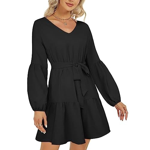 ROYLAMP Women's Tunic Dresses Long Sleeve V Neck Plaid Tie Waist Ruffle Swing Shift Casual Mini Dress with Pocket Medium Black