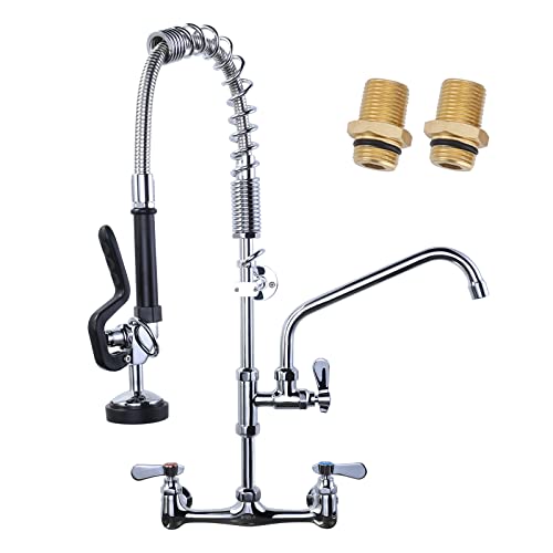 Commercial Kitchen Faucet Wall Mount with Pre-Rinse Sprayer 8 Inch Center Wall Mount Kitchen Sink Faucet with 9.6" Add-on Swing Spout 25" Height Fauce