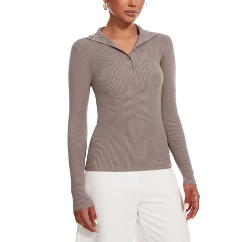 Women's 2024 Fall Button Down Lapel V Neck Long Sleeve Ribbed Knit Casual Slim Tops Stucco Large