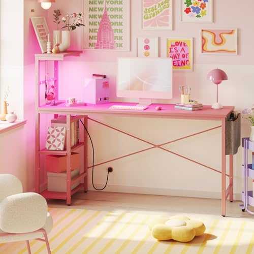 Bestier Gaming Desk with Power Outlets, 61 Inch Large Led Gamer Desk with 4 Tiers Reversible Shelves, PC Gaming Table with Headset Hook & Side Storage