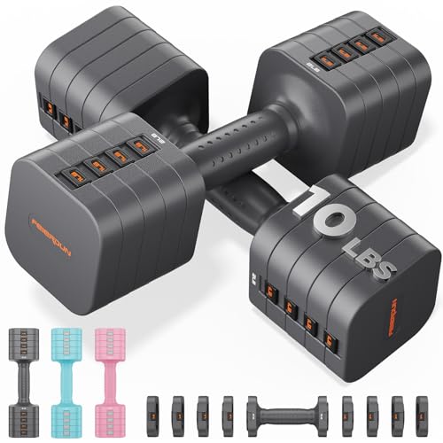 FEIERDUN 5-in-1 Adjustable Dumbbell Set of 2, 20LBS-10LBS Hand Weights for Women, 1s-Adjust Dual-Stable Dumbbell Set for Women Home Gym & Outdoor A-St