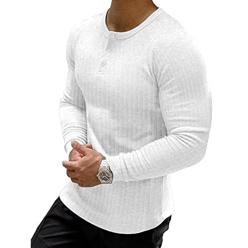 Muscle Cmdr Men's Ribbed Henley Shirt Short Sleeve Slim Fit Muscle Shirt Fitted Cotton Casual Long Sleeve X-Large White_long
